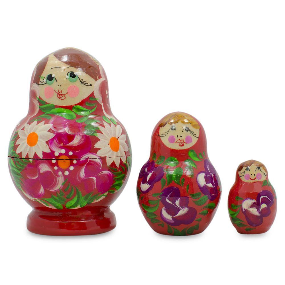 Set of 3 Wooden Floral Nesting Dolls - 3.5" Pink & Daisy Flower Matryoshka