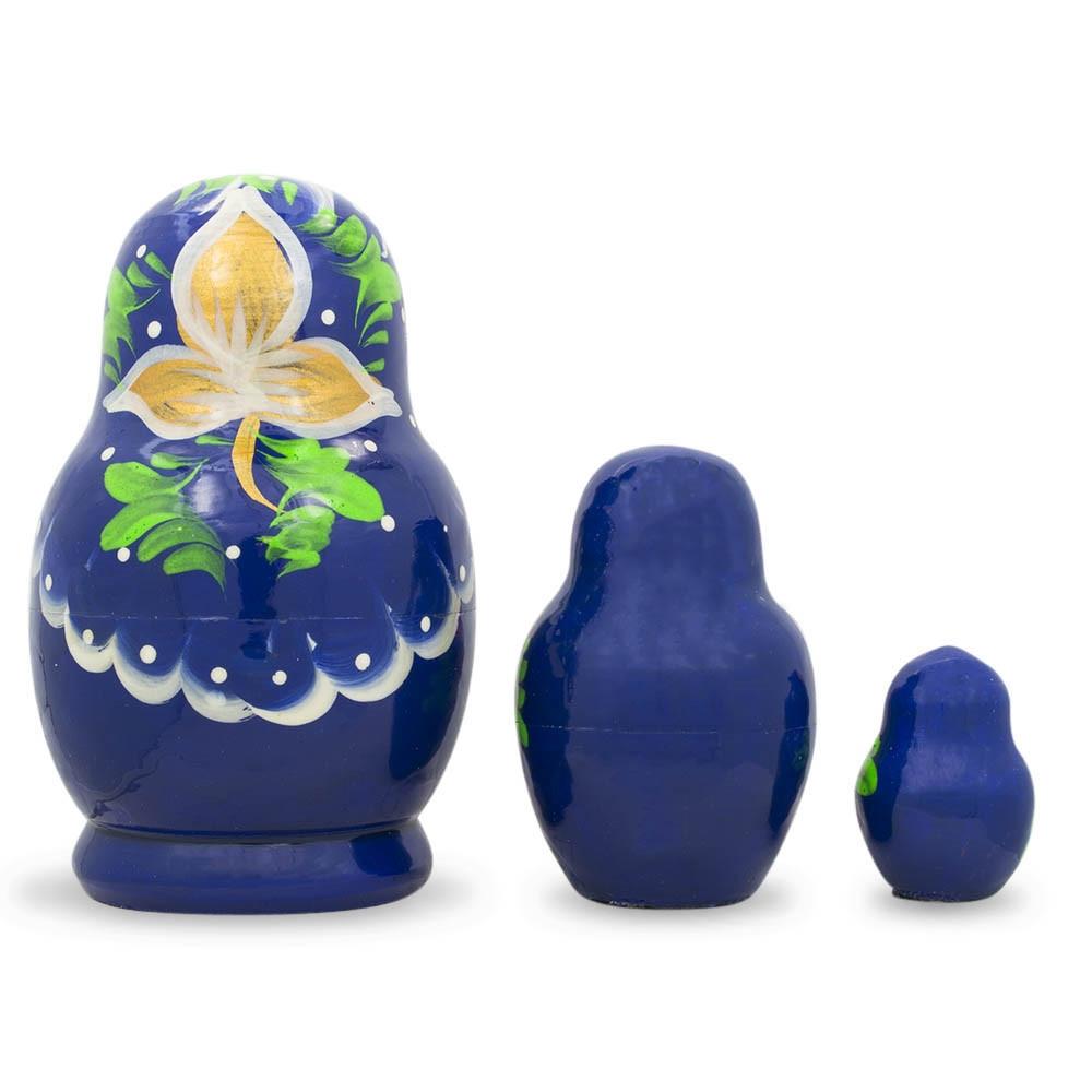 Set of 3 Wooden Floral Nesting Dolls - 3.5" Blue & Red Rose Matryoshka