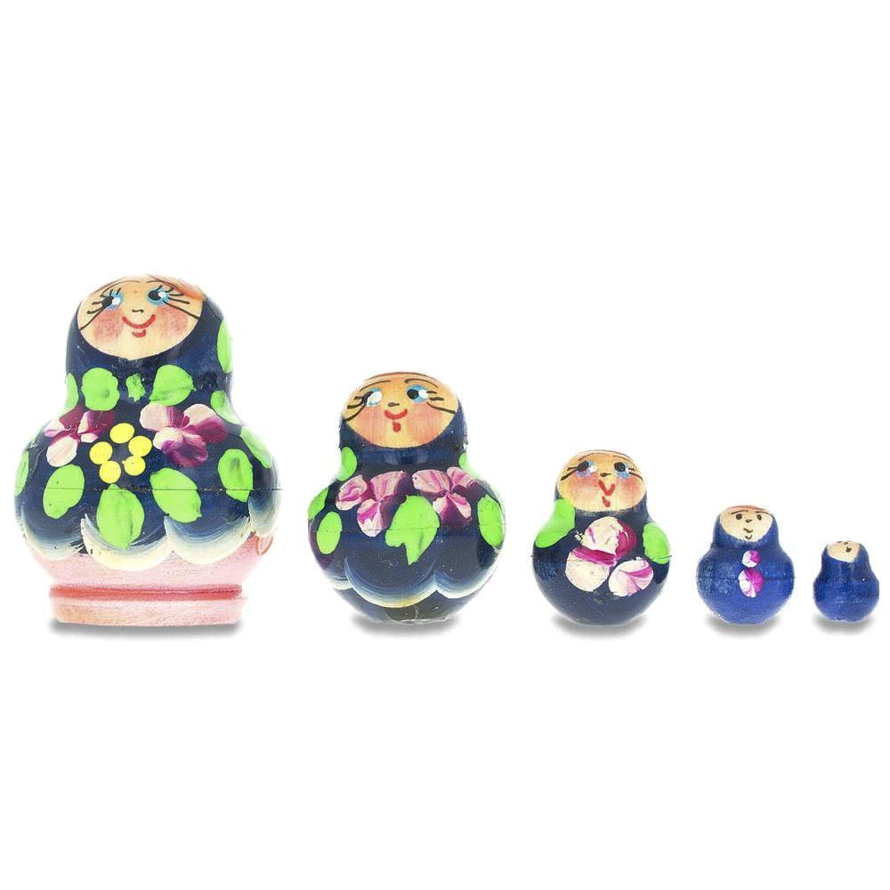 Set of 5 Wooden Floral Nesting Dolls - 3.5" Dark Blue Violet Matryoshka