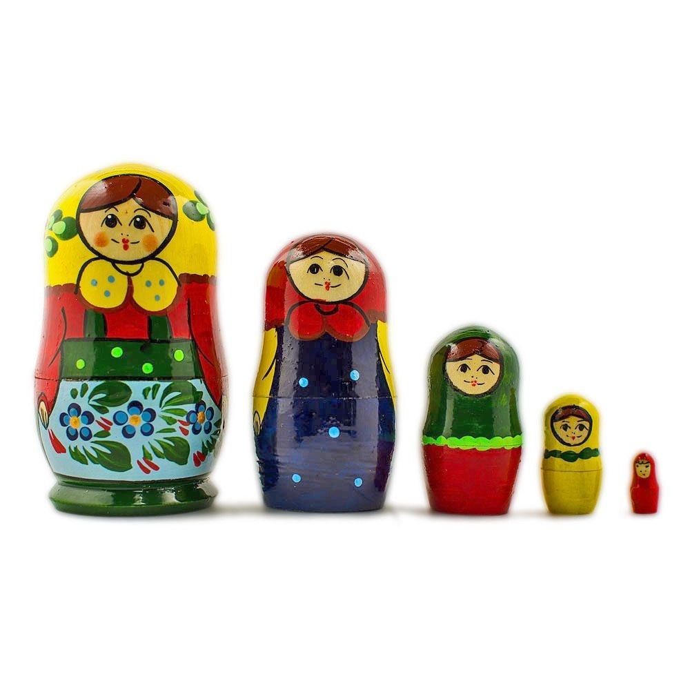 Set of 5 Wooden Floral Nesting Dolls - 4" Blue Flower Semyonov Matryoshka