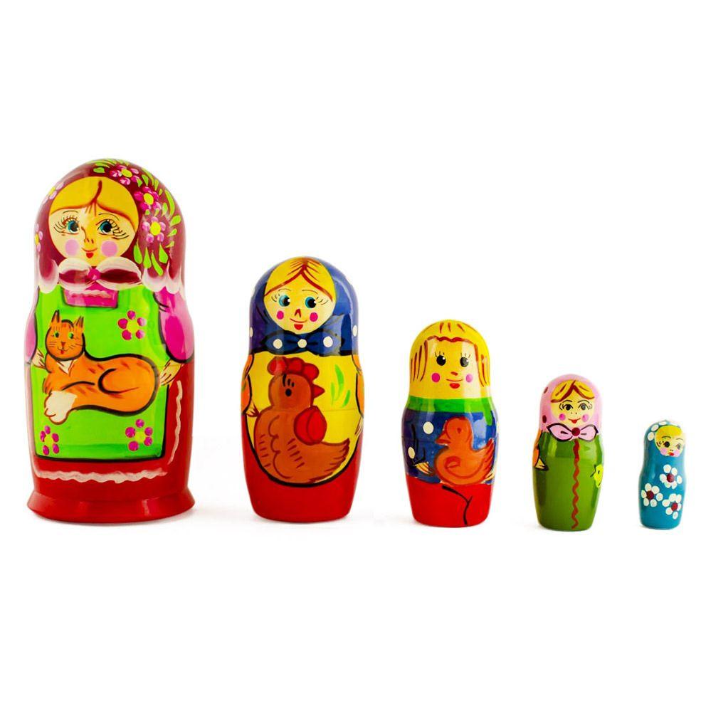 Set of 5 Girls with Cat, Rooster and Duck Animals Nesting Figurines 6 Inches