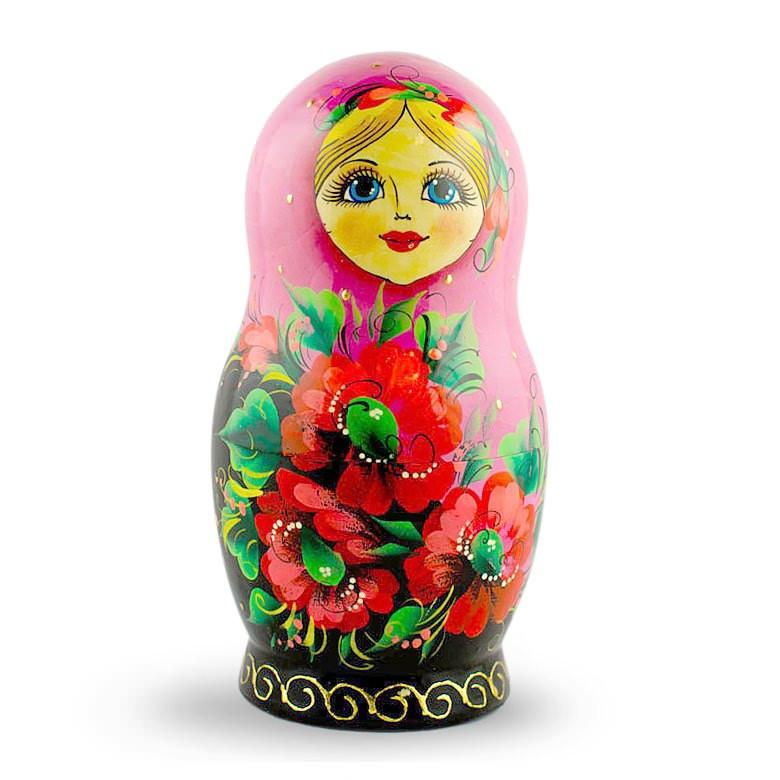 Set of 5 Pink Scarf with Poppy Flowers  Nesting Dolls 7 Inches
