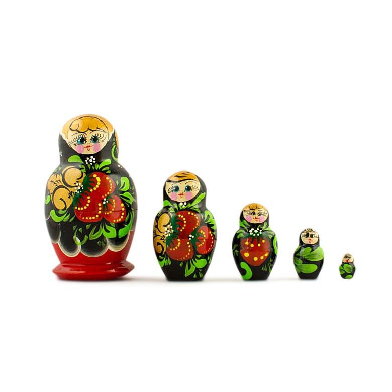 Set of 5 Wooden Strawberry Nesting Dolls - 3.5" Khokhloma Matryoshka