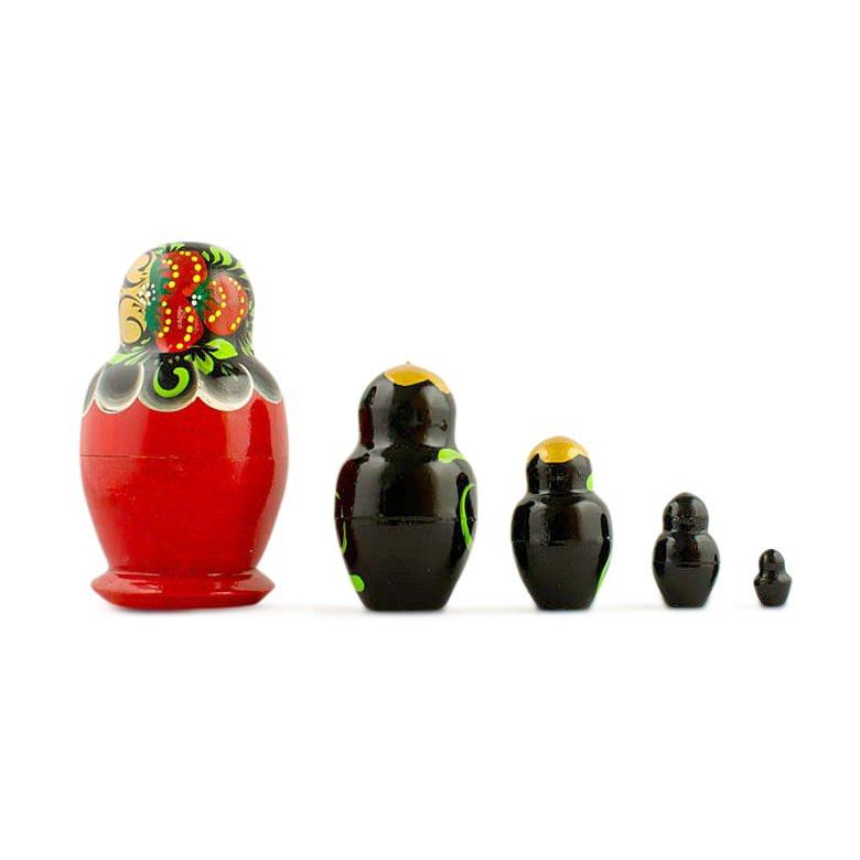 Set of 5 Wooden Strawberry Nesting Dolls - 3.5" Khokhloma Matryoshka