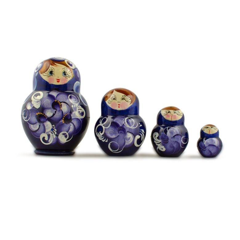 Set of 4 Wooden Floral Nesting Dolls - 3" Blue & Purple Flower Matryoshka