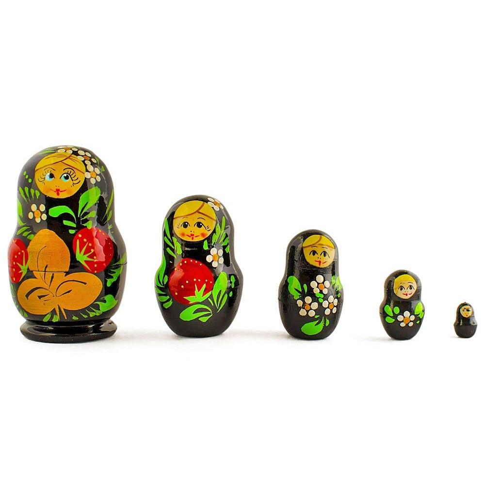 Set of 5 Wooden Strawberry Nesting Dolls - 3.5" Black Berry Matryoshka