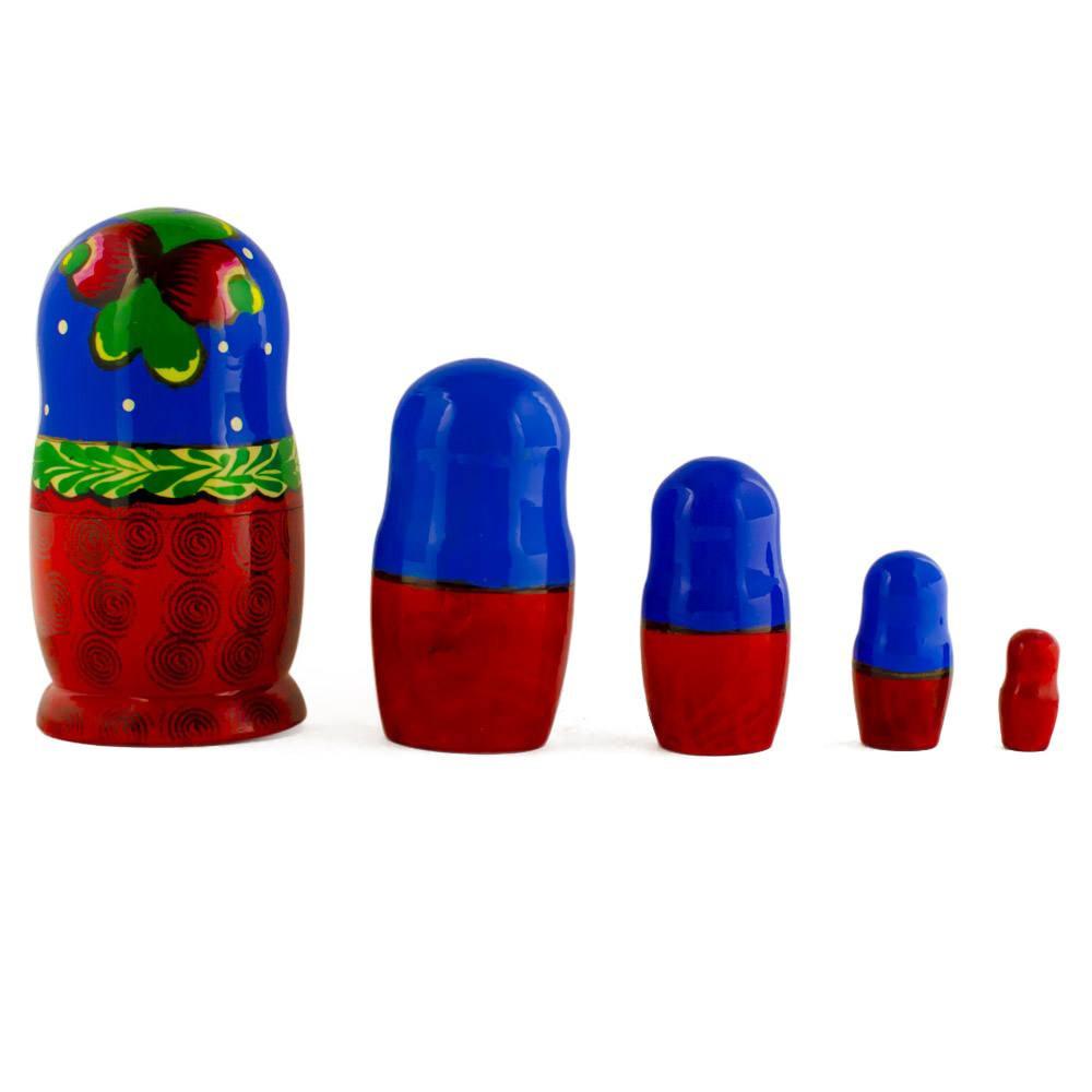 Set of 5 Wooden Floral Nesting Dolls - 6" Traditional Berry Matryoshka