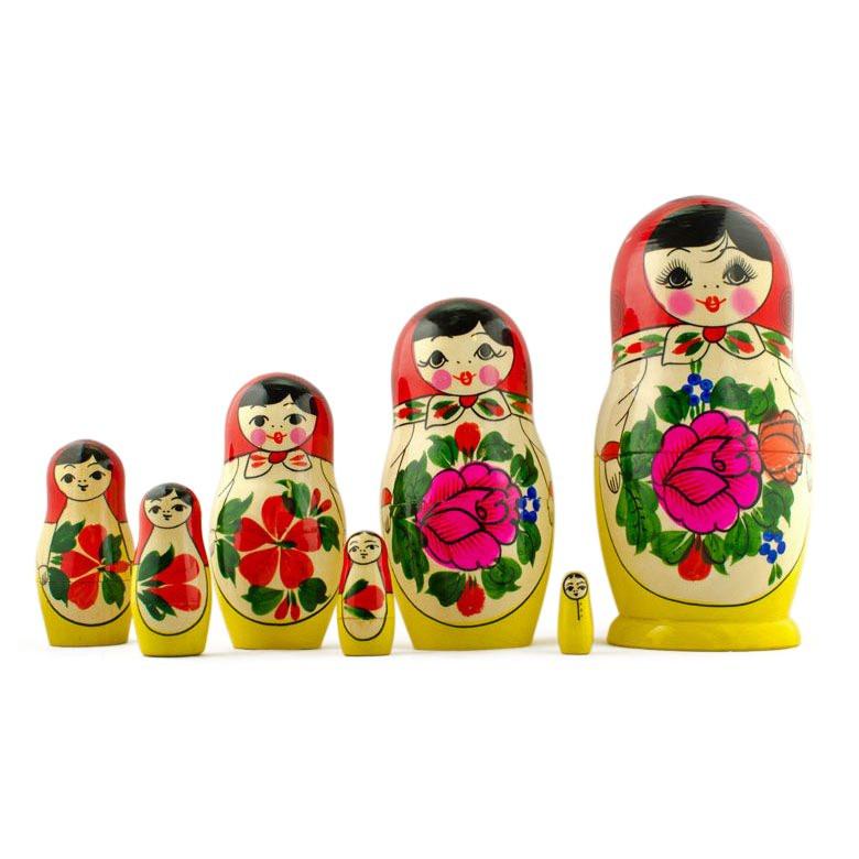 Set of 7 Wooden Semenov Nesting Dolls - Blooming Rose Matryoshka 7 Inches
