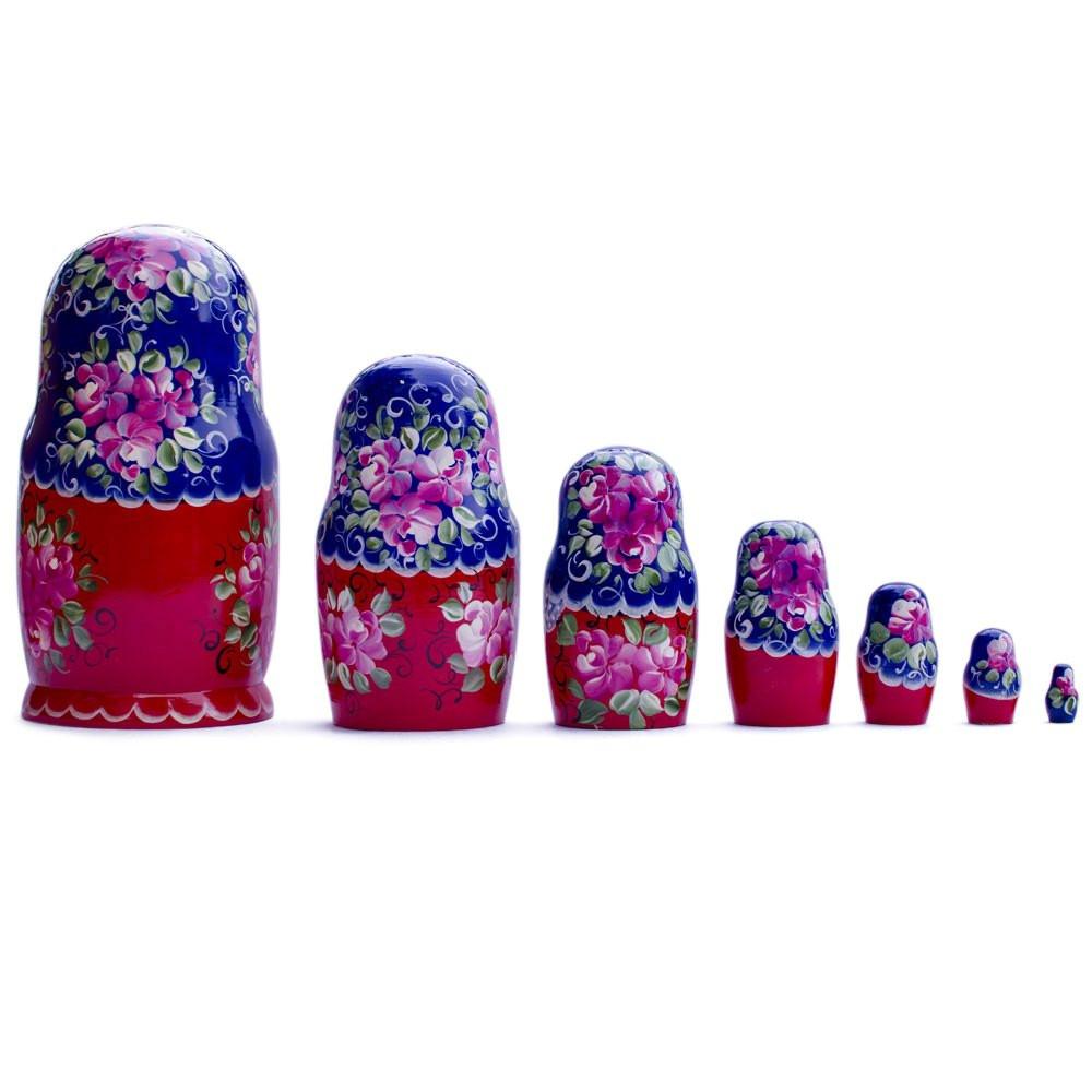 Set of 7 Blue Scarf Red Dress  Nesting Dolls 8.5 Inches