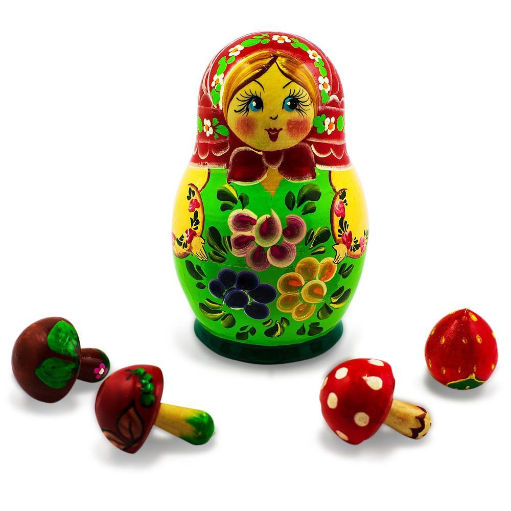 Set of 5 Wooden Matryoshka & Mushroom Figurine Set - 5" Hand Painted Art