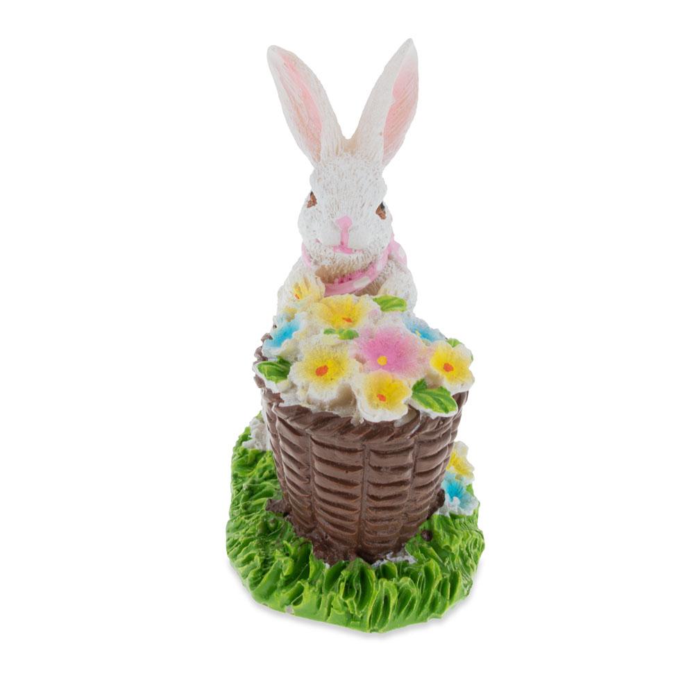 Spring Bunny Figurine With Floral Basket Easter Tabletop Accent 3 Inches Tall