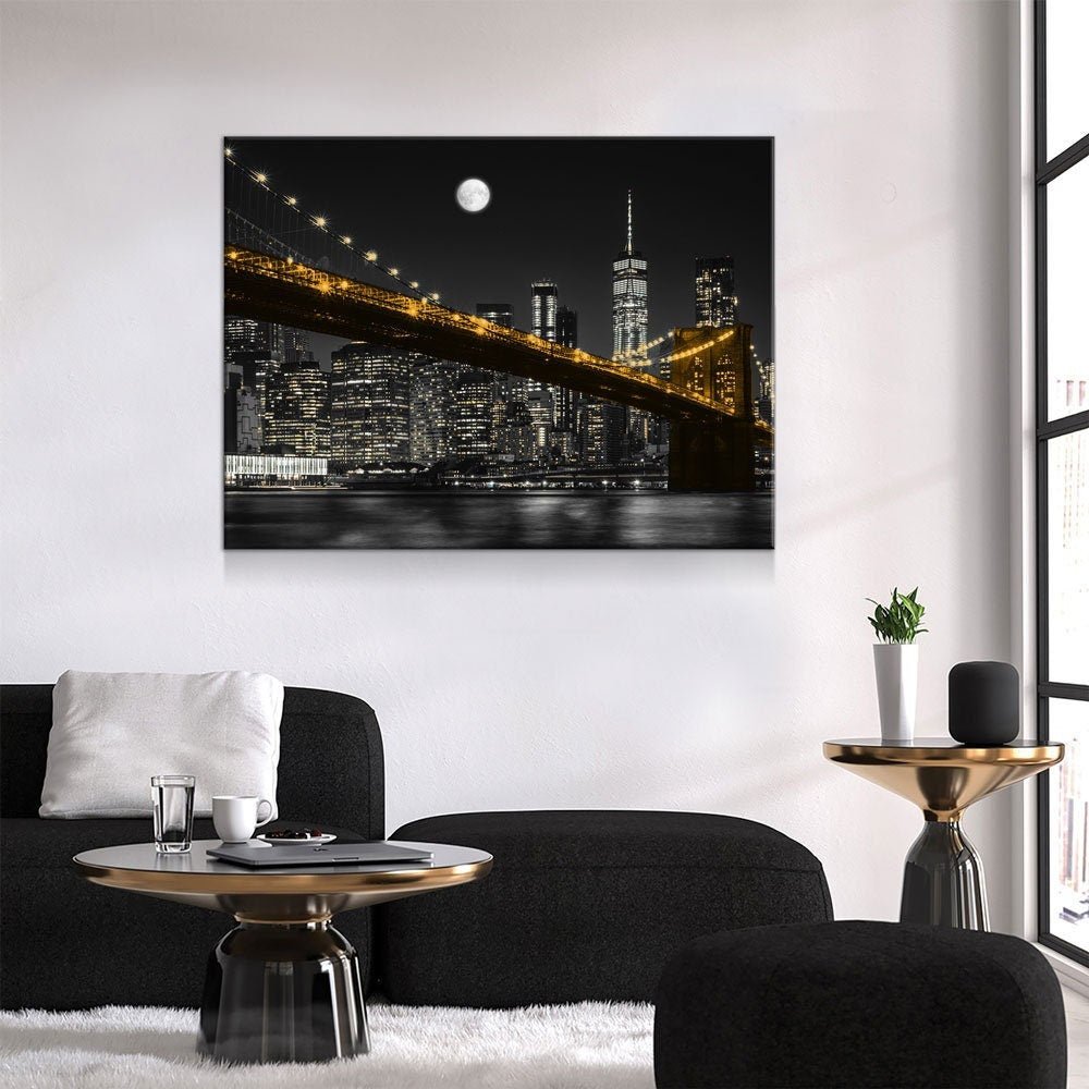 New York Brooklyn Bridge At Night Canvas Wall Art, Manhattan at Night, New York City Skyline