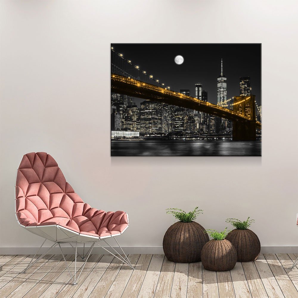 New York Brooklyn Bridge At Night Canvas Wall Art, Manhattan at Night, New York City Skyline