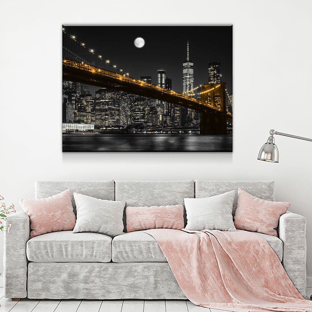 New York Brooklyn Bridge At Night Canvas Wall Art, Manhattan at Night, New York City Skyline