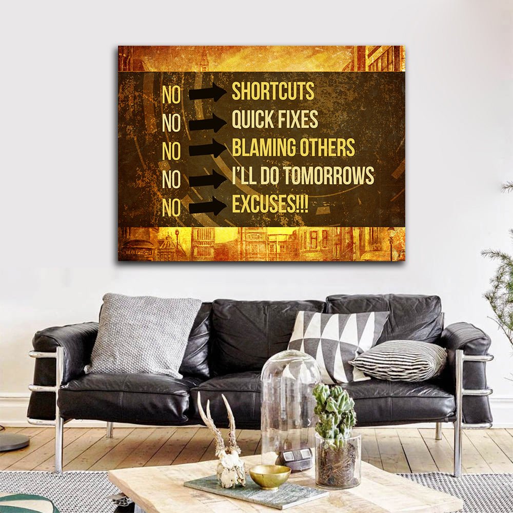 No Shortcuts No Excuses Motivational Canvas Wall Art