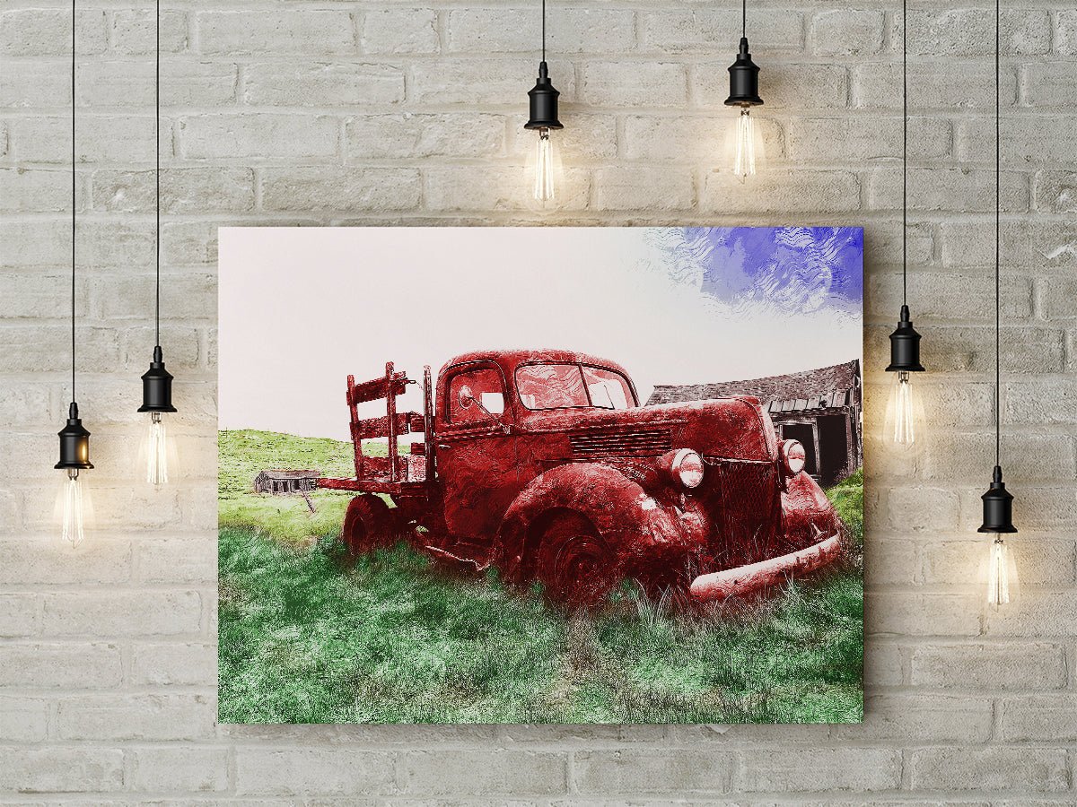 Old Red Farm Truck Abstract Canvas Wall Art, Old Farm Truck Art