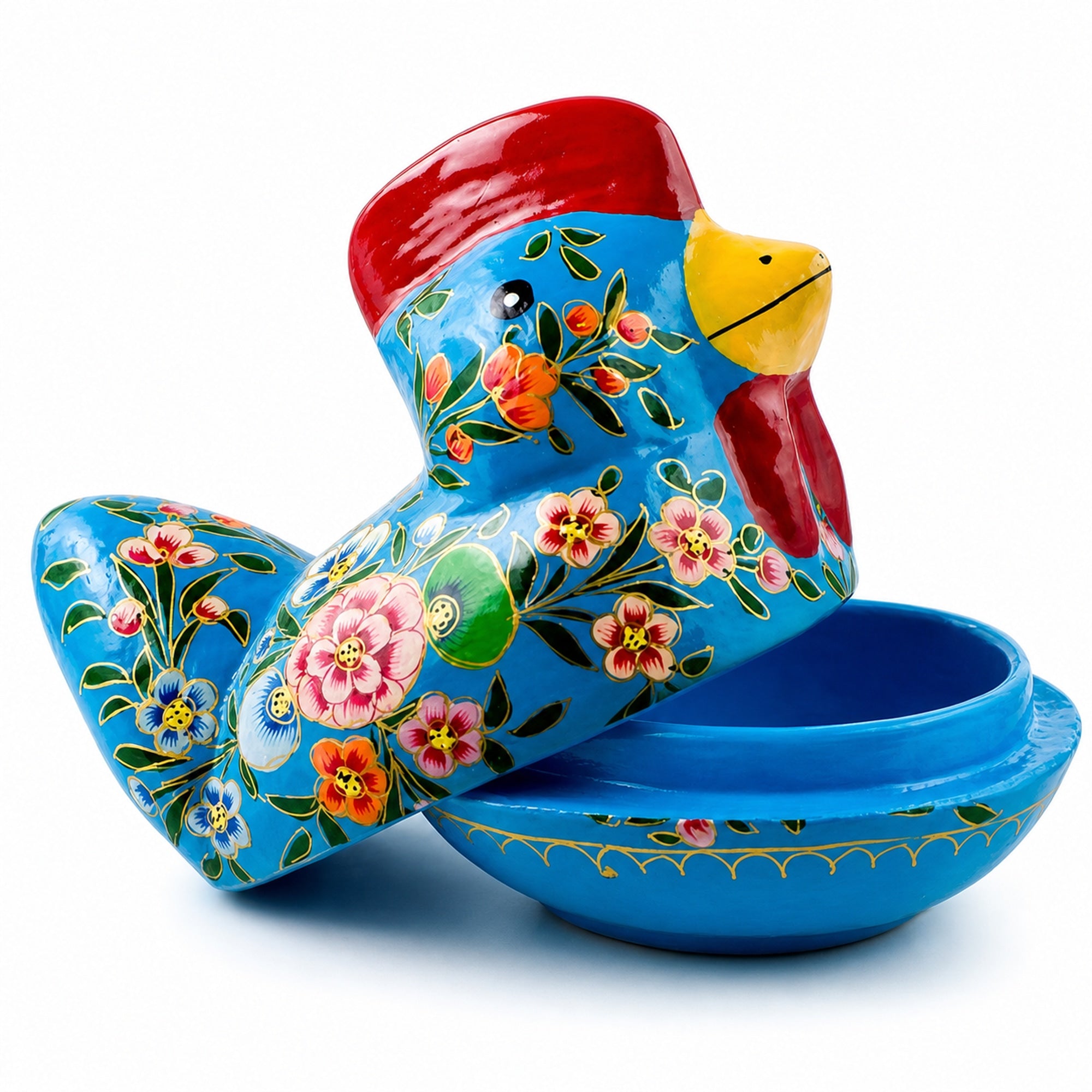 Fillable Wooden Chicken Keepsake Box With Floral Design 5 Inches Tall
