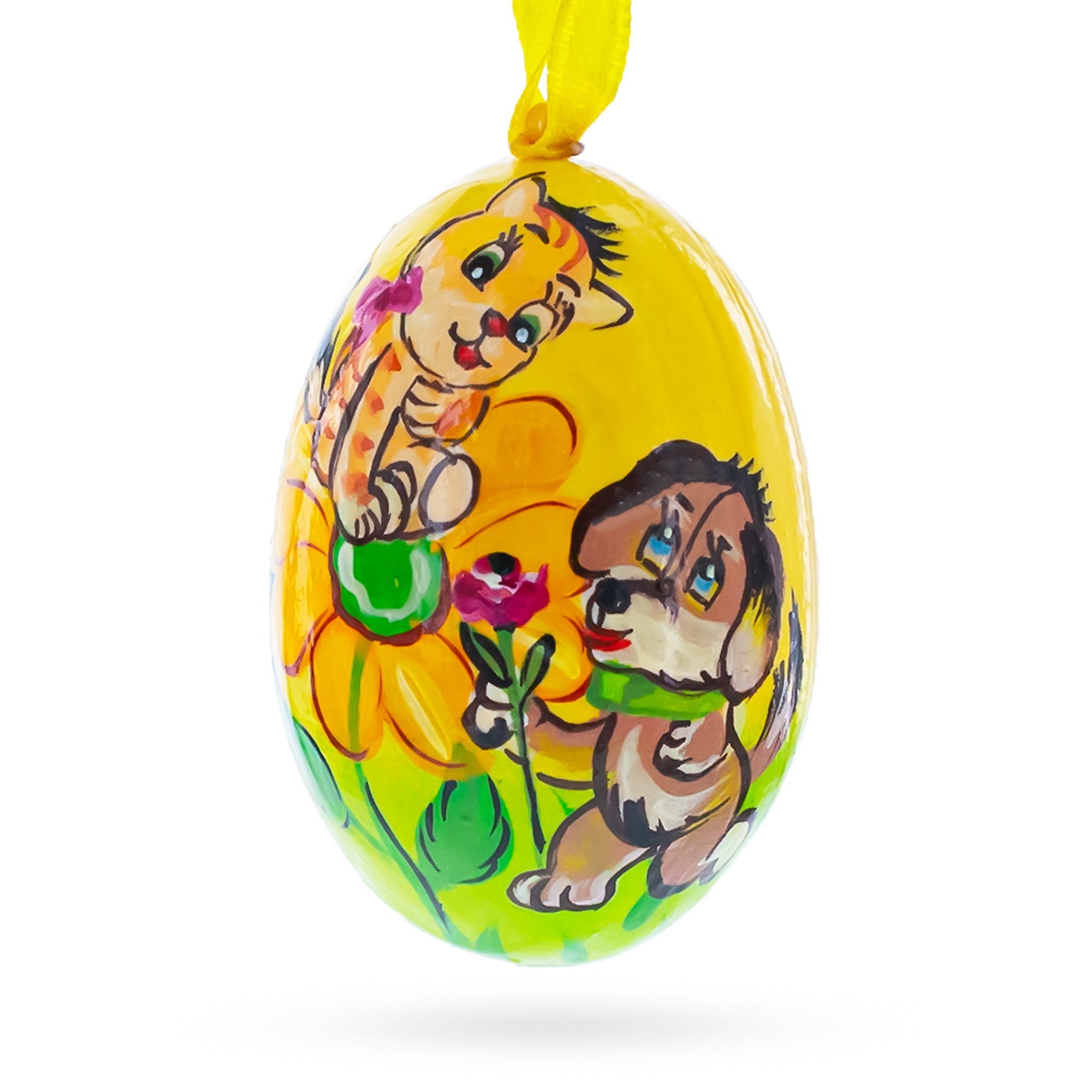 Dog and Cat with Flower Wooden Christmas Ornament 3 Inches