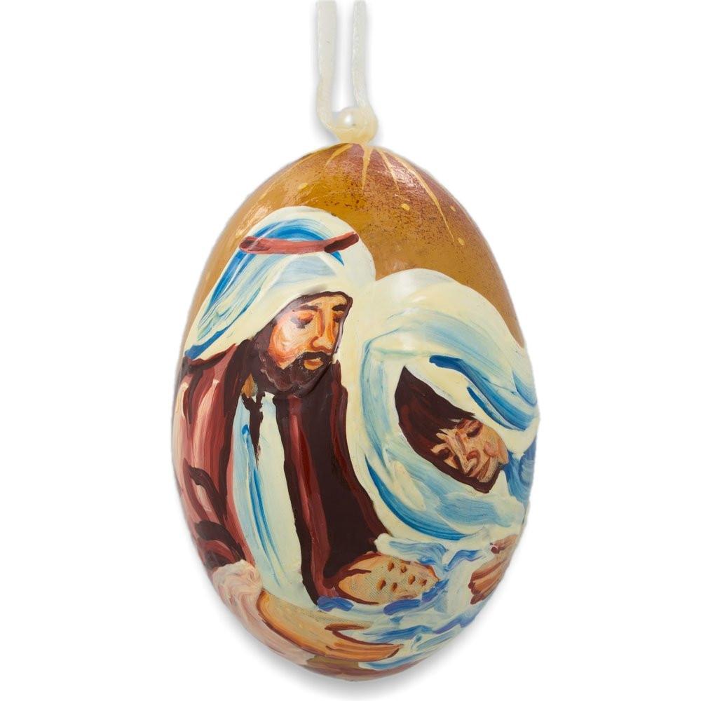 Mary with Joseph Overlooking Jesus Wooden Christmas Ornament 3 Inches