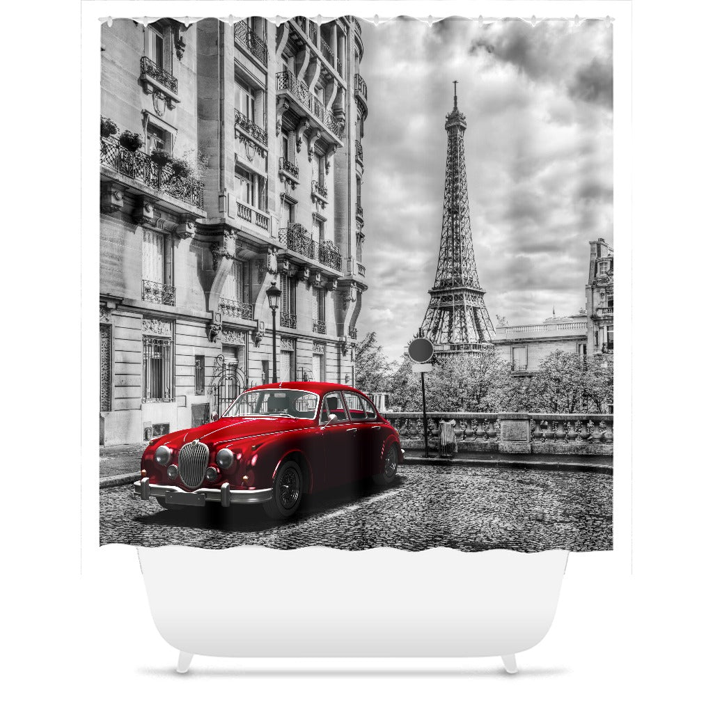 Paris Red Car Shower Curtain Bathroom Paris Decor