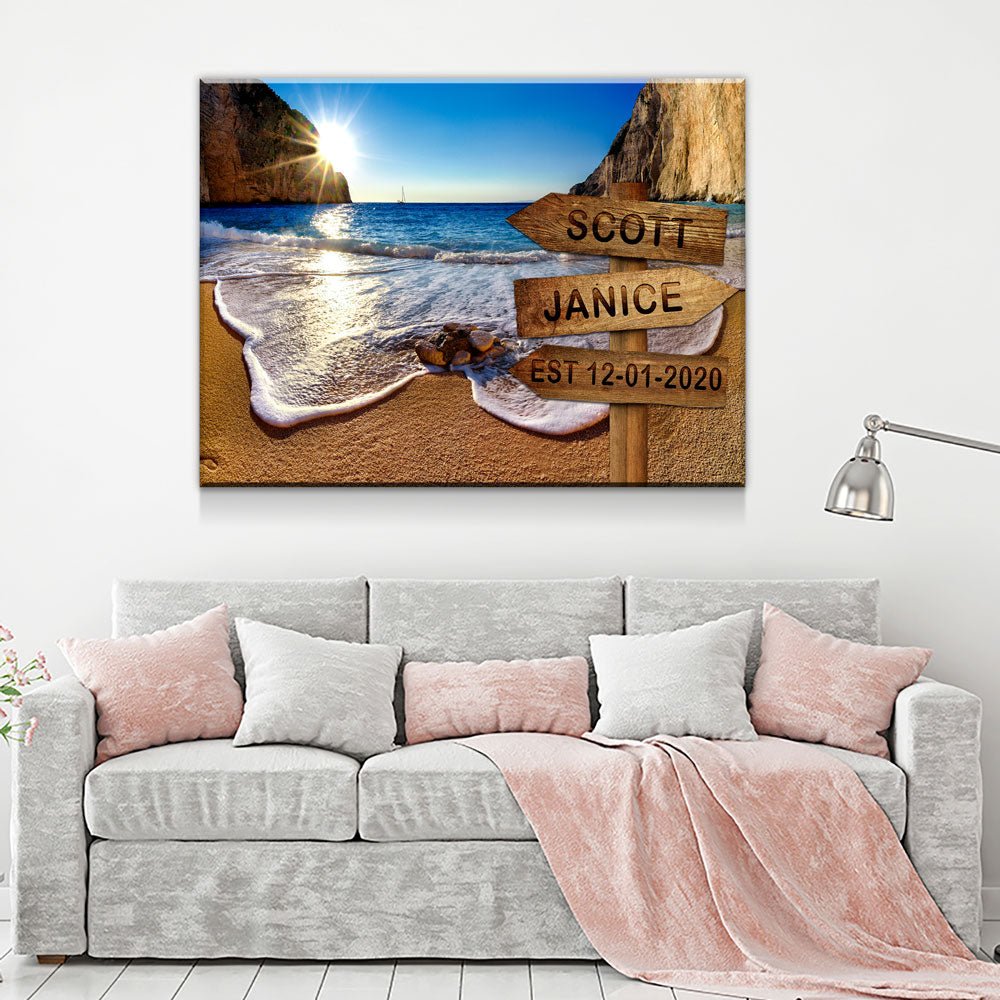 Personalized Names Date Beach Sign Canvas Wall Art, Couples Romantic Gift