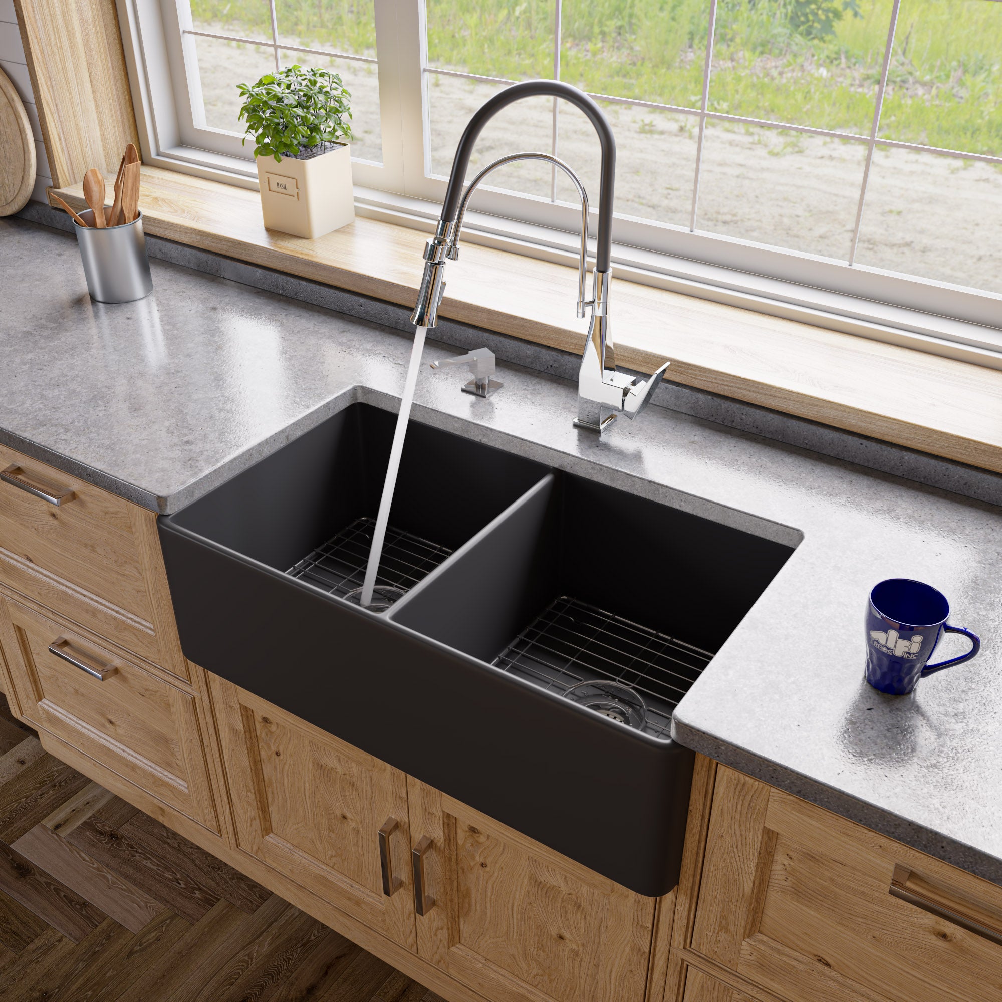 Black Matte Smooth Apron 33 x 18 Double Bowl Fireclay Farm Sink