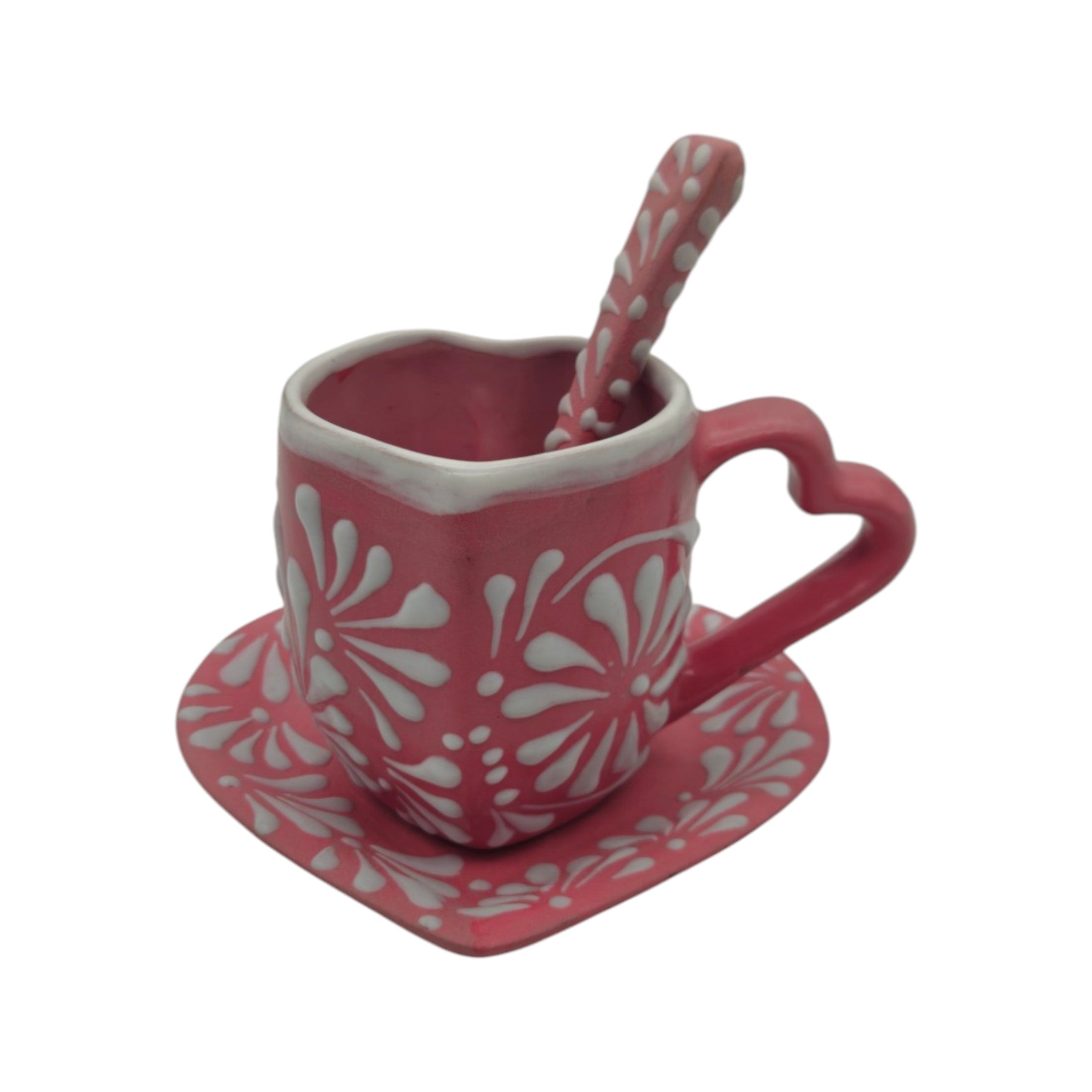 Pink Talavera Heart Mug Set | Plate, Spoon & Floral Design