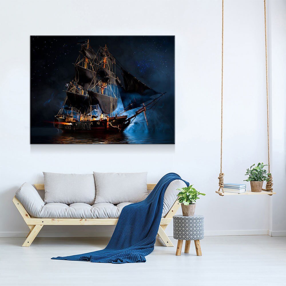 Pirate Ship Dark Sea Battle Canvas Wall Art, Pirate Decor, Ship Sailing, Jolly Roger Flag, Pirate Battleship, Horizontal Orientation, Pirate