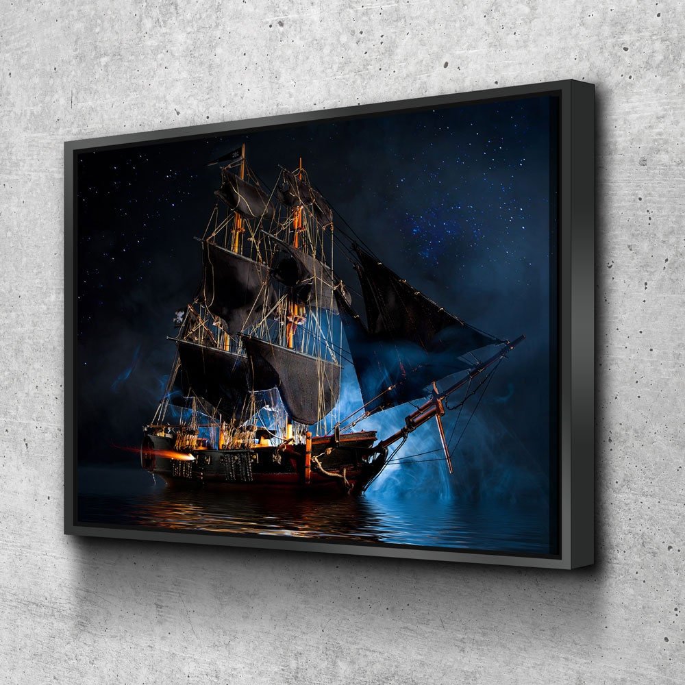 Pirate Ship Dark Sea Battle Canvas Wall Art, Pirate Decor, Ship Sailing, Jolly Roger Flag, Pirate Battleship, Horizontal Orientation, Pirate