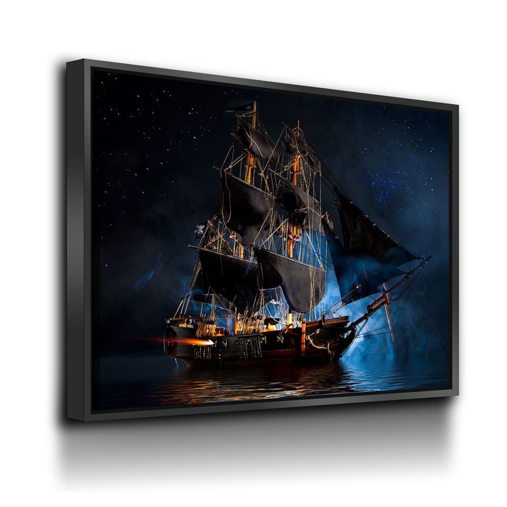 Pirate Ship Dark Sea Battle Canvas Wall Art, Pirate Decor, Ship Sailing, Jolly Roger Flag, Pirate Battleship, Horizontal Orientation, Pirate