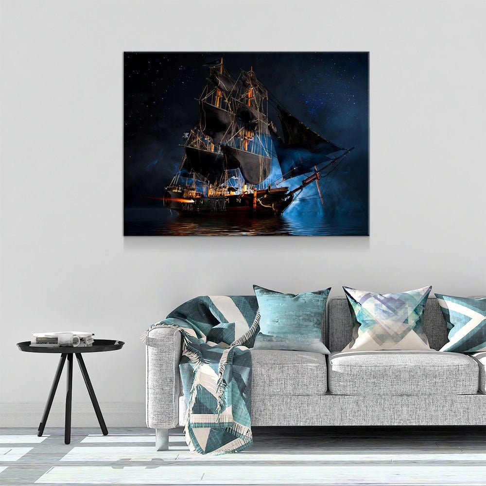 Pirate Ship Dark Sea Battle Canvas Wall Art, Pirate Decor, Ship Sailing, Jolly Roger Flag, Pirate Battleship, Horizontal Orientation, Pirate