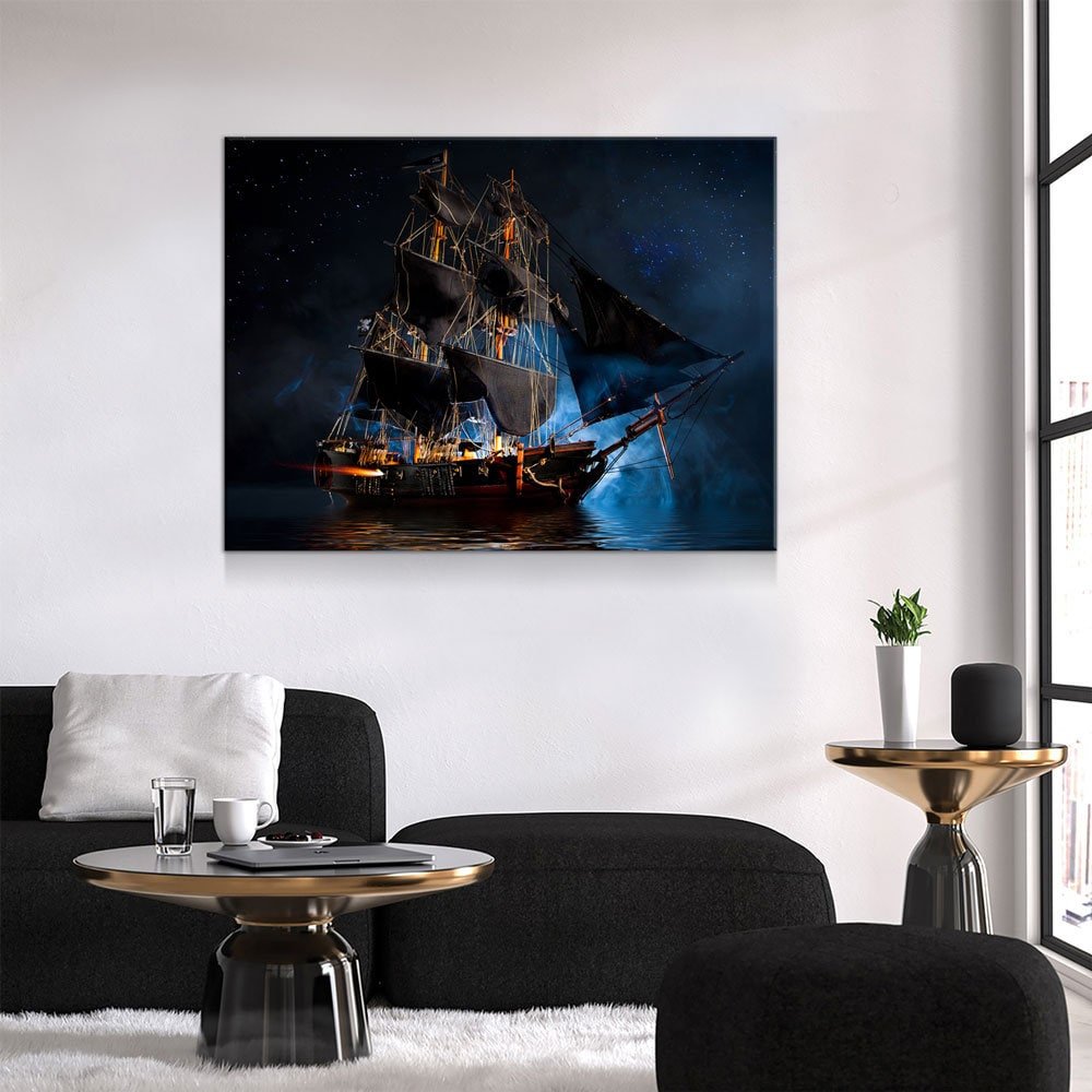 Pirate Ship Dark Sea Battle Canvas Wall Art, Pirate Decor, Ship Sailing, Jolly Roger Flag, Pirate Battleship, Horizontal Orientation, Pirate