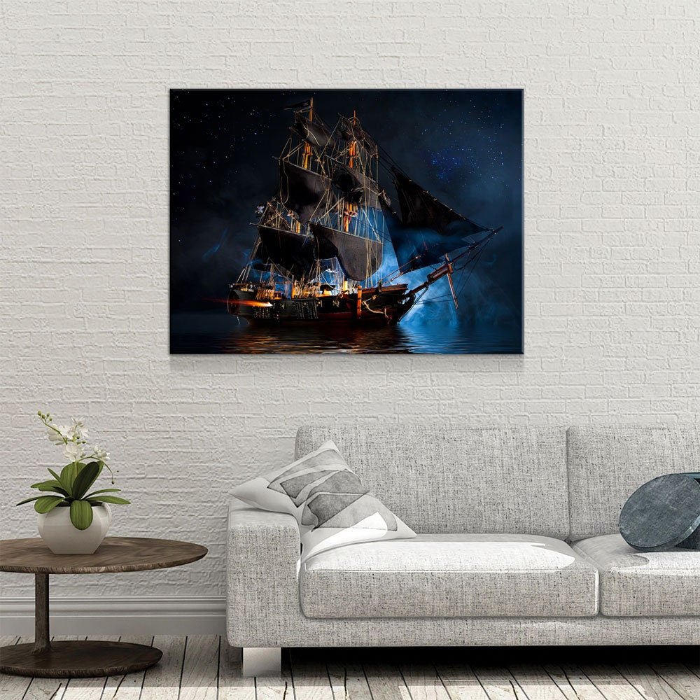 Pirate Ship Dark Sea Battle Canvas Wall Art, Pirate Decor, Ship Sailing, Jolly Roger Flag, Pirate Battleship, Horizontal Orientation, Pirate