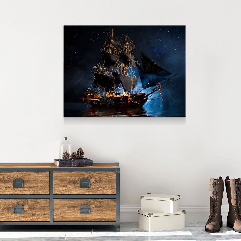 Pirate Ship Dark Sea Battle Canvas Wall Art, Pirate Decor, Ship Sailing, Jolly Roger Flag, Pirate Battleship, Horizontal Orientation, Pirate