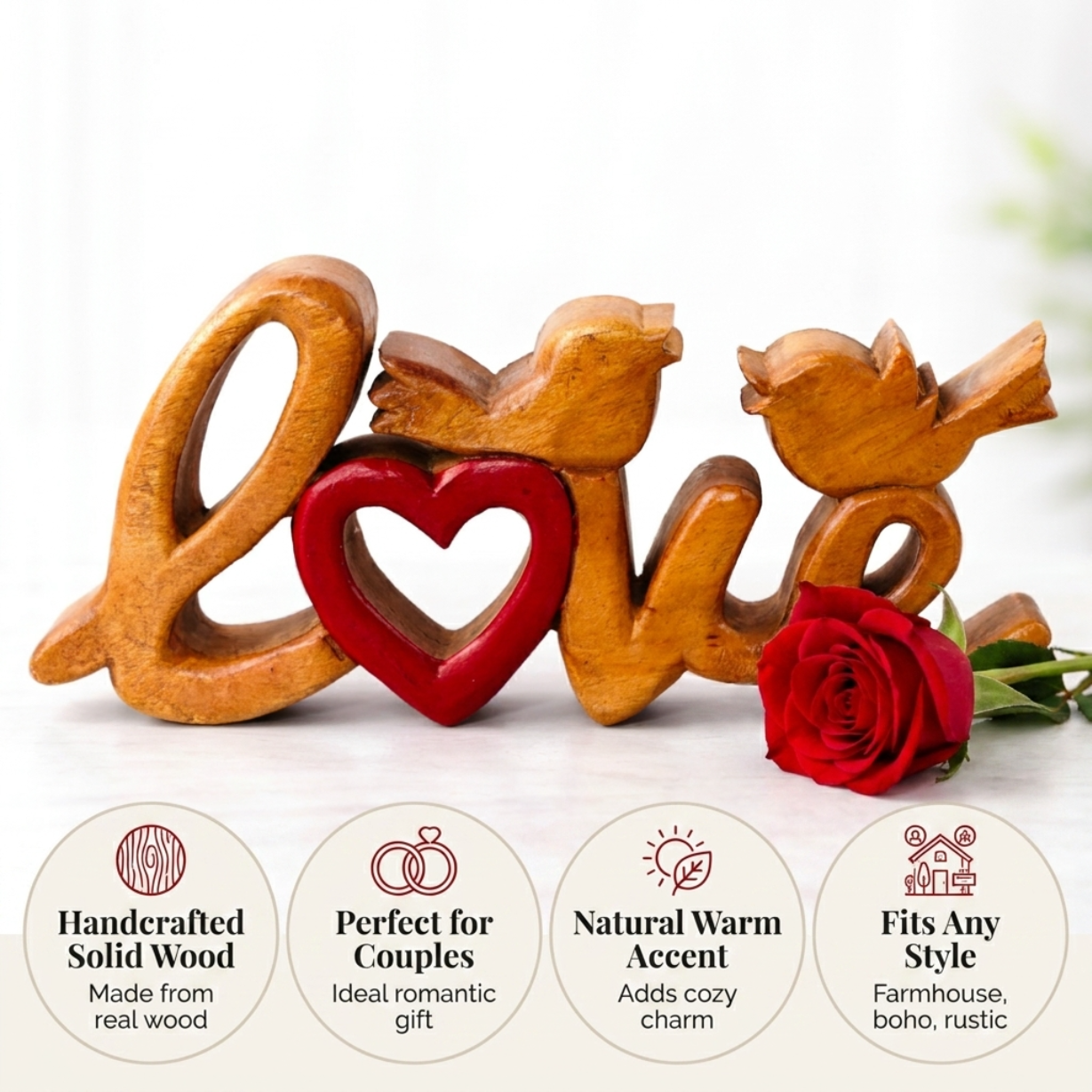 Handmade Wooden Sculpture – Solid Acacia Wood Love Word Decor, Rustic Home Accent