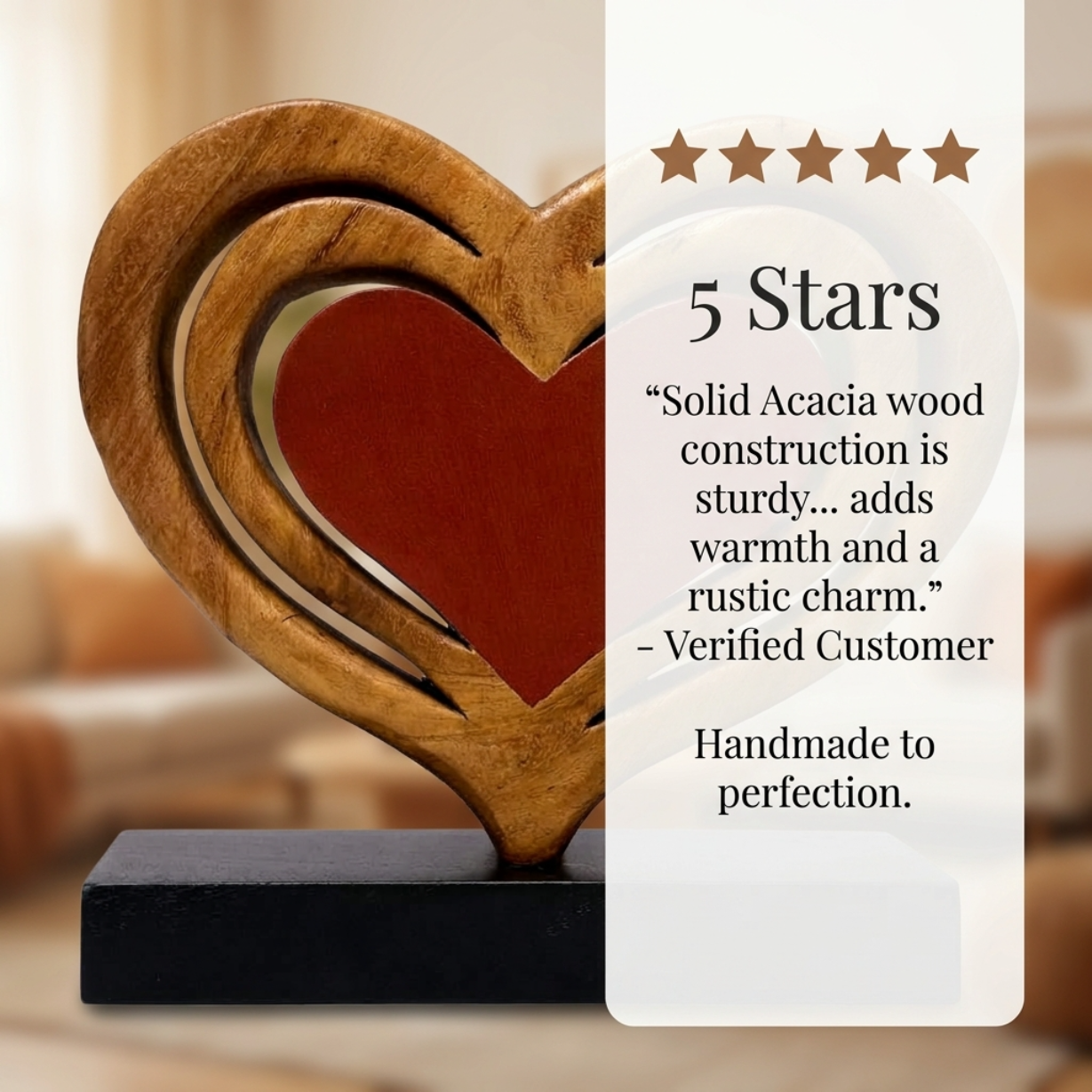 Handmade Wooden Sculpture – Heart Shaped Wooden Decor for Warm Home Accents