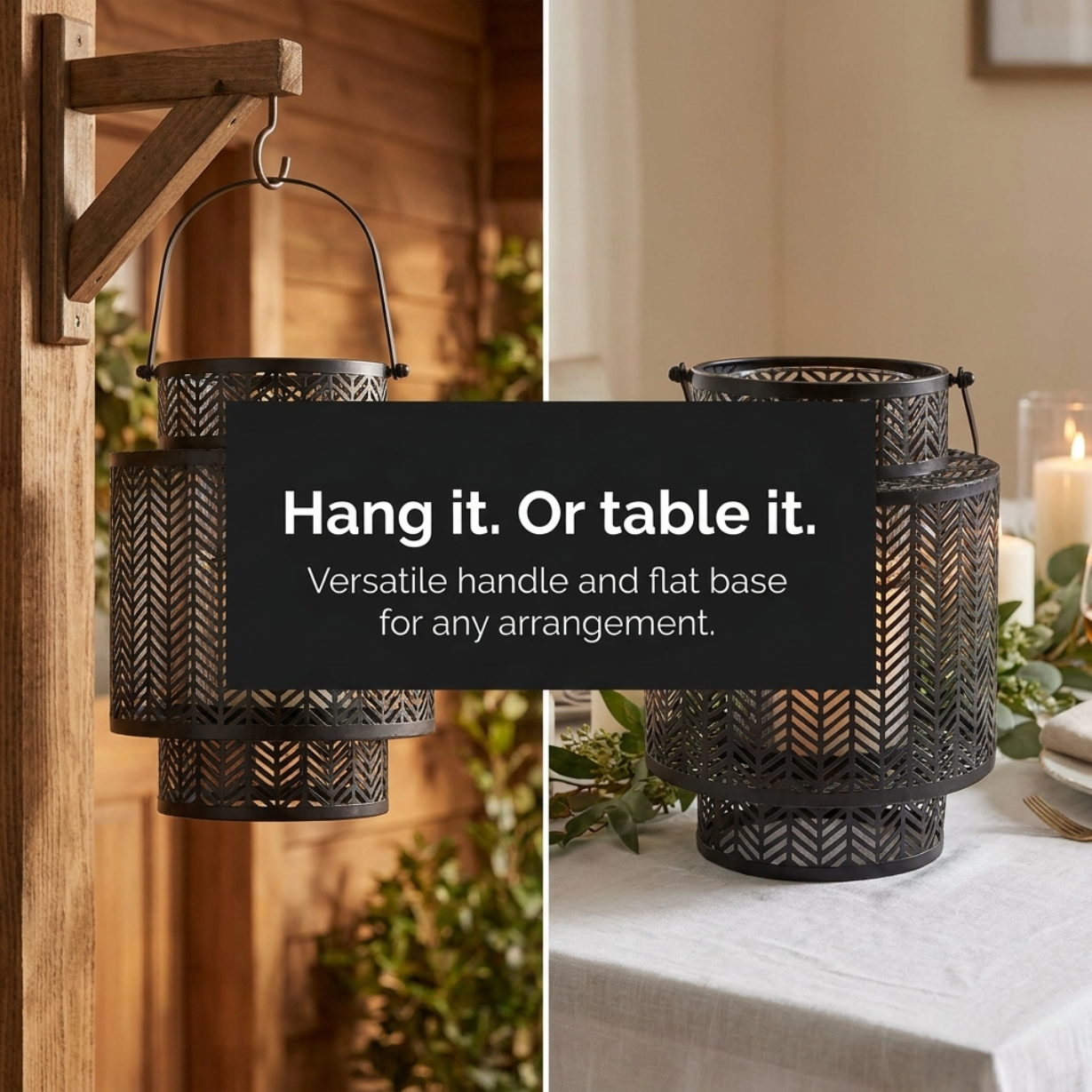 Hanging Candle Lantern – Black Mesh Lantern Design with Cozy Flickering Light