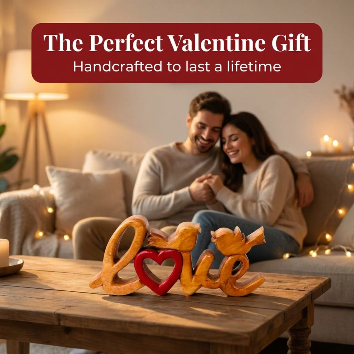 Handmade Wooden Sculpture – Solid Acacia Wood Love Word Decor, Rustic Home Accent