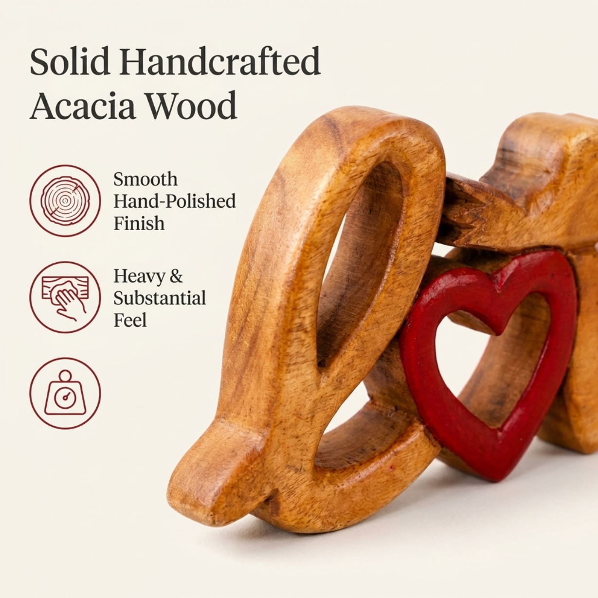 Handmade Wooden Sculpture – Solid Acacia Wood Love Word Decor, Rustic Home Accent