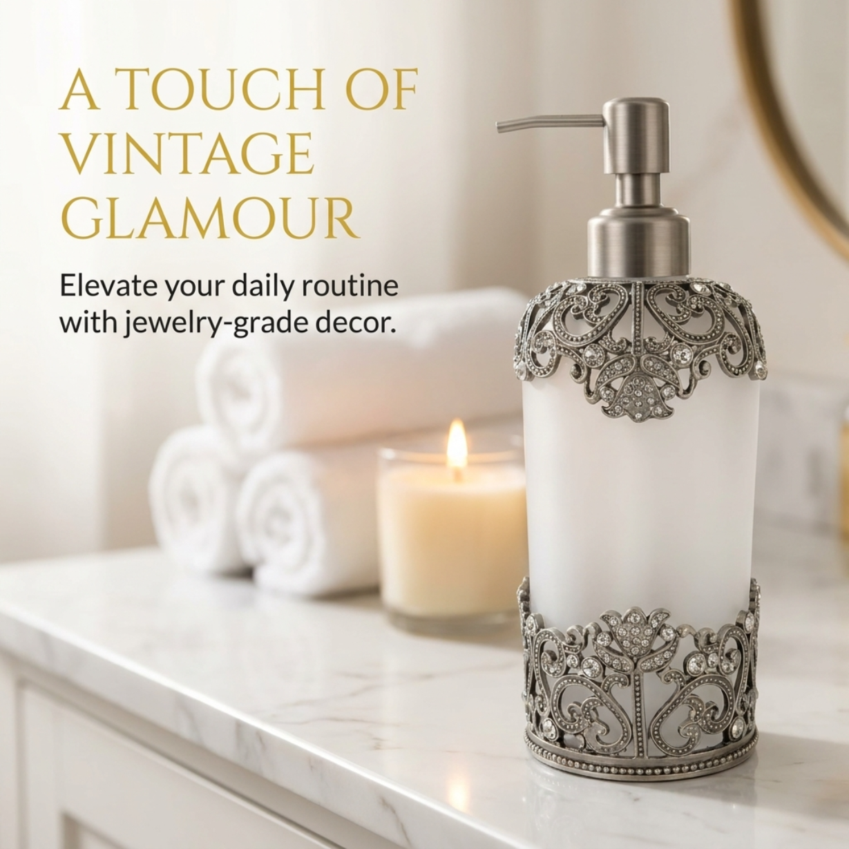 Soap Dispenser – Frosted Glass Bathroom Accessory With Rhinestones & Pewter Finish