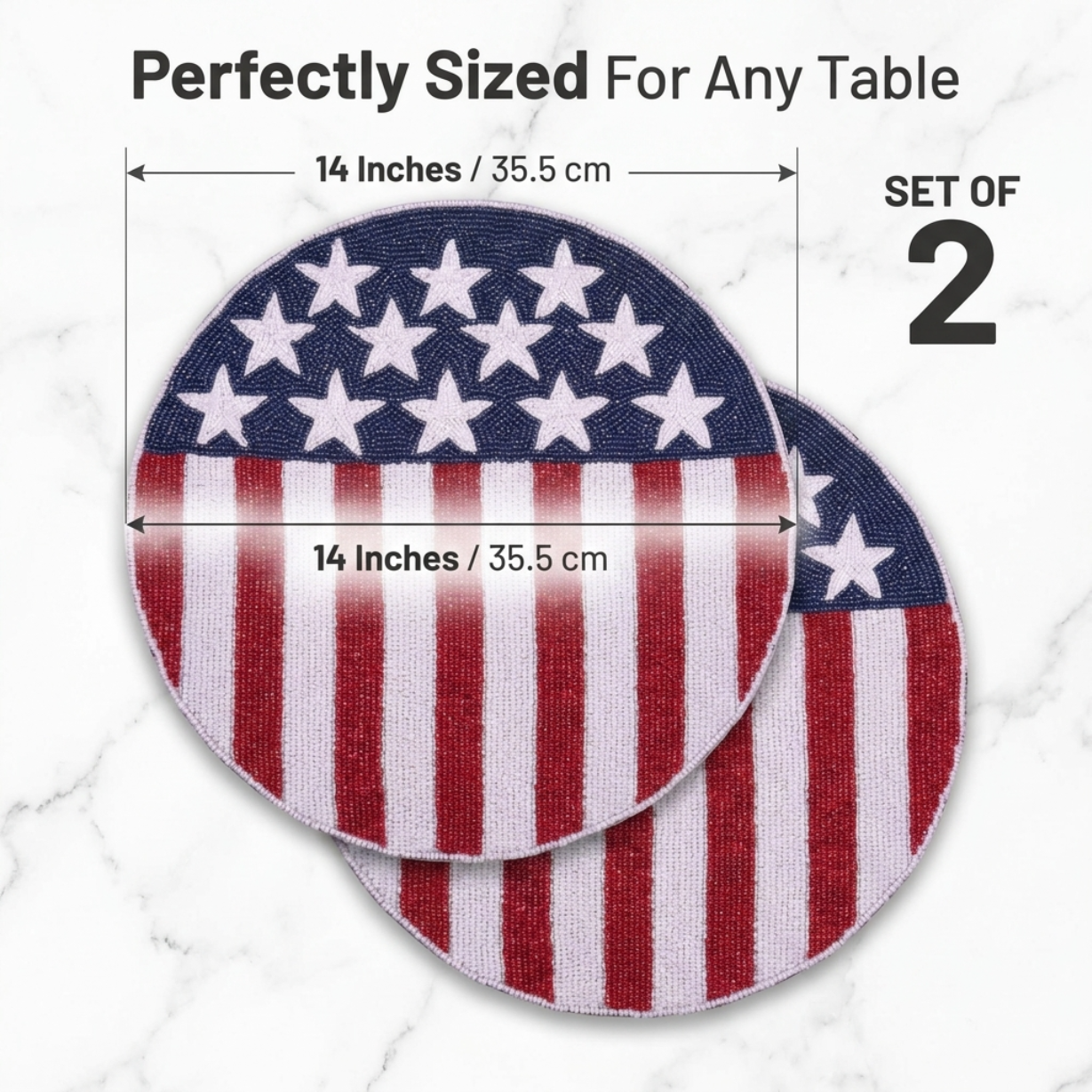 Patriotic Beaded Placemat - Round USA Flag Table Placemat with Embroidered Beadwork