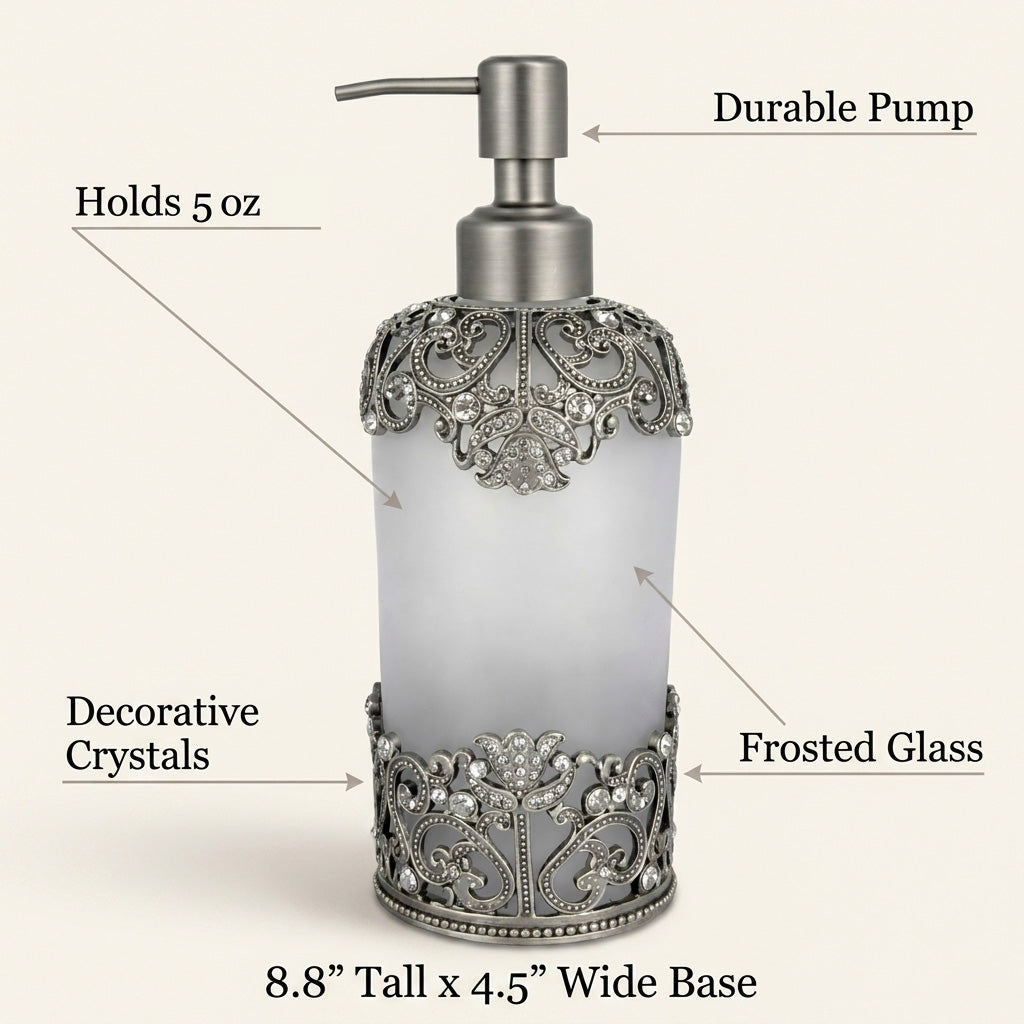 Soap Dispenser – Frosted Glass Bathroom Accessory With Rhinestones & Pewter Finish