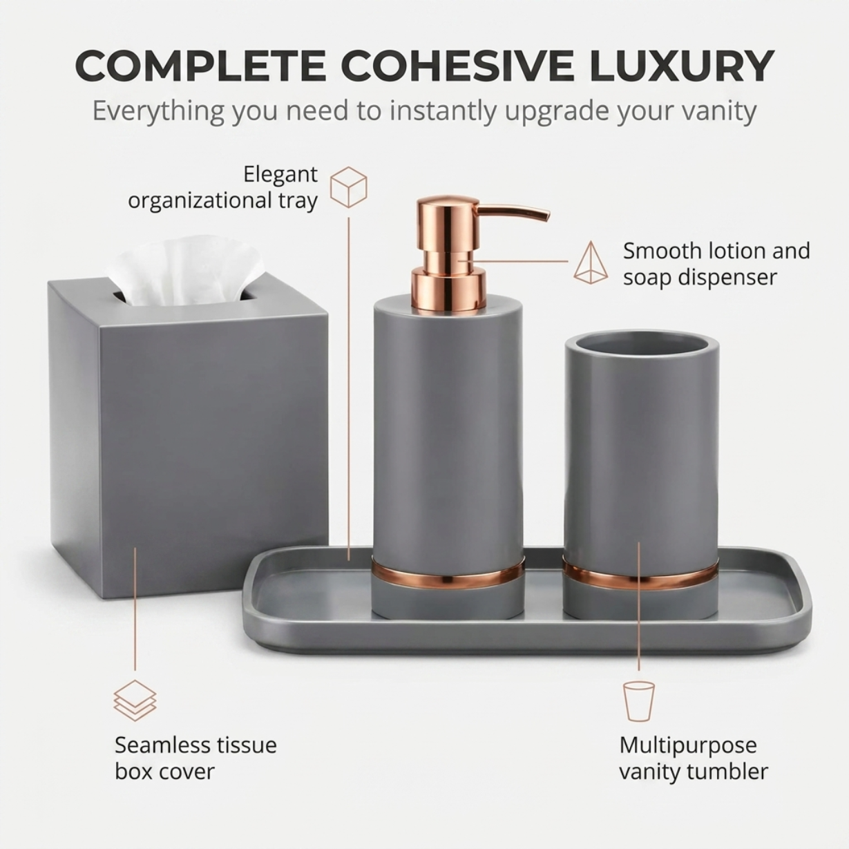 Acrylic Bathroom Set – Modern Bathroom Accessory Set with Stylish Vanity Organizer
