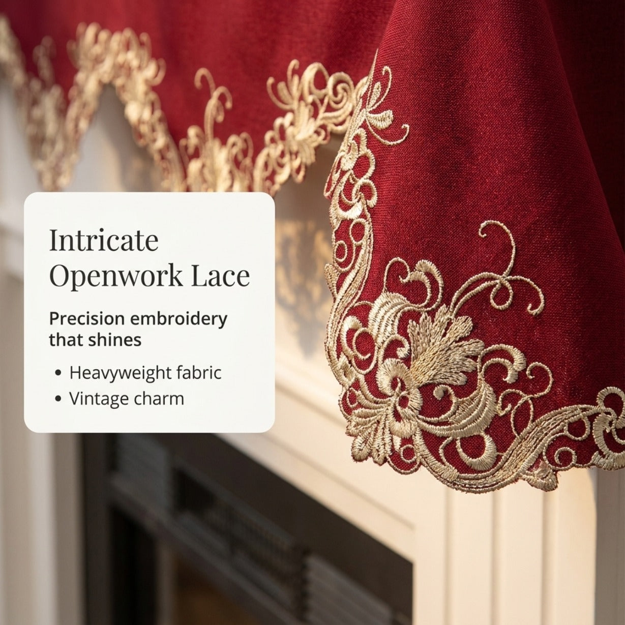 Burgundy Mantel Scarf – Vintage Rustic Fireplace Cover With Polyester Rayon Embroidery