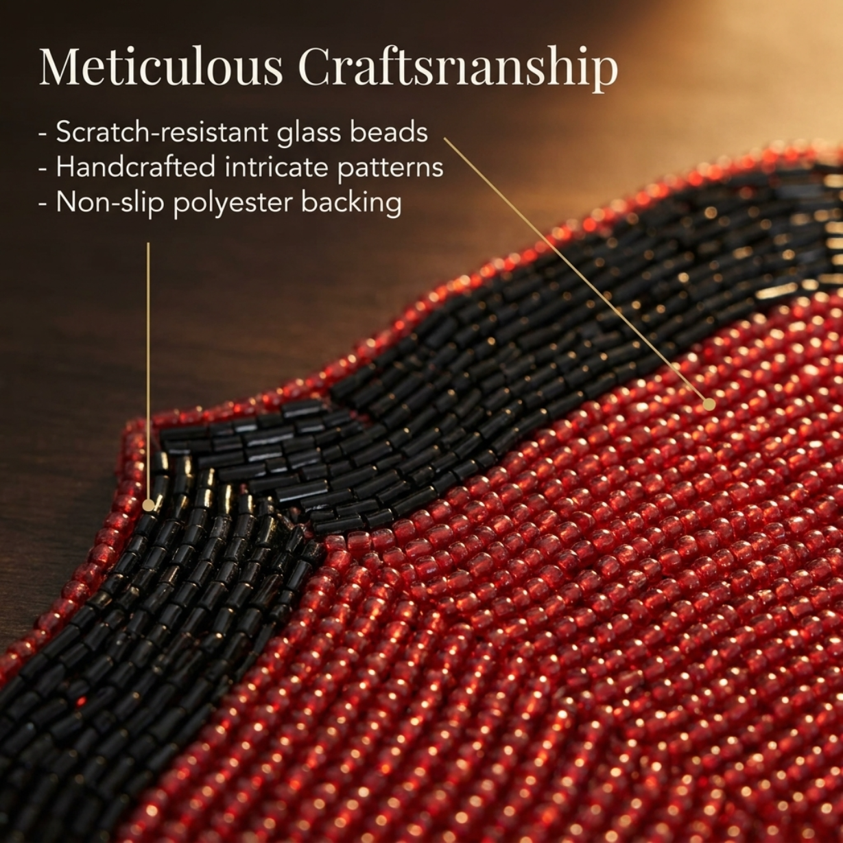 Beaded Placemats – Handmade Red Black Dining Table Mats, 14 Inch Heat Resistant