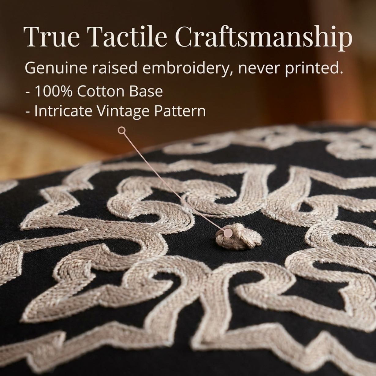 Throw Pillow Covers - Black Beige Embroidered Linen Cushion Set, 18x18 Inches