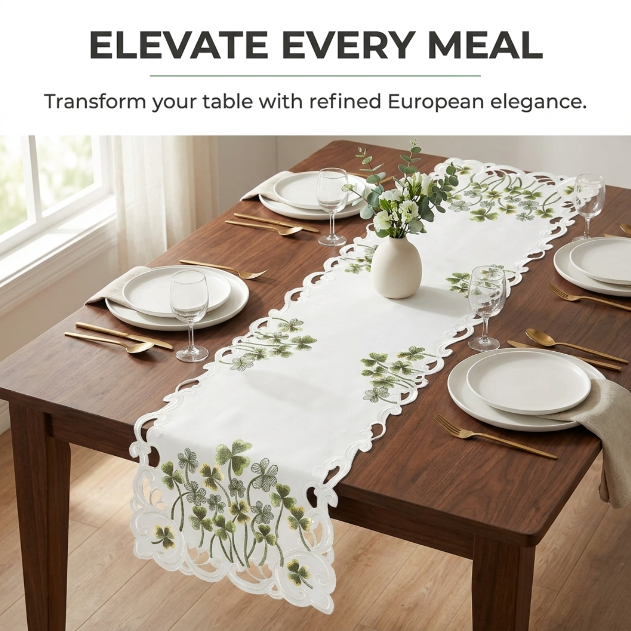 Ivory Table Runner - European Embroidery Rustic Linen Decor for Dining Tables