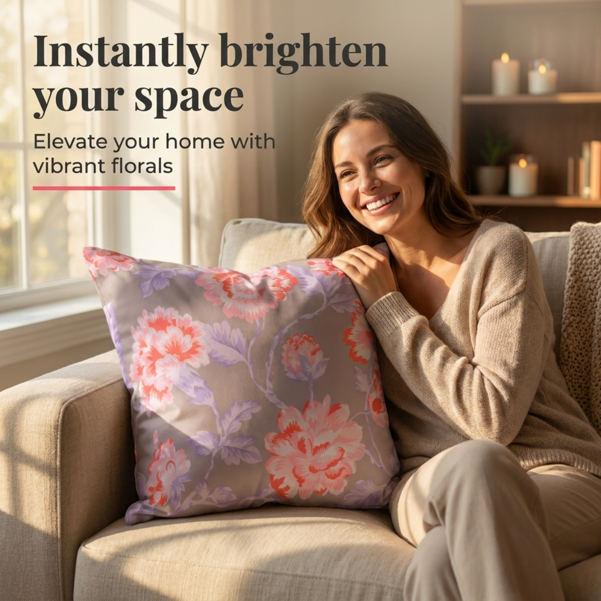 Floral Throw Pillow Covers - 20 x 20 Inches | Pink & Gray Decorative Cushion