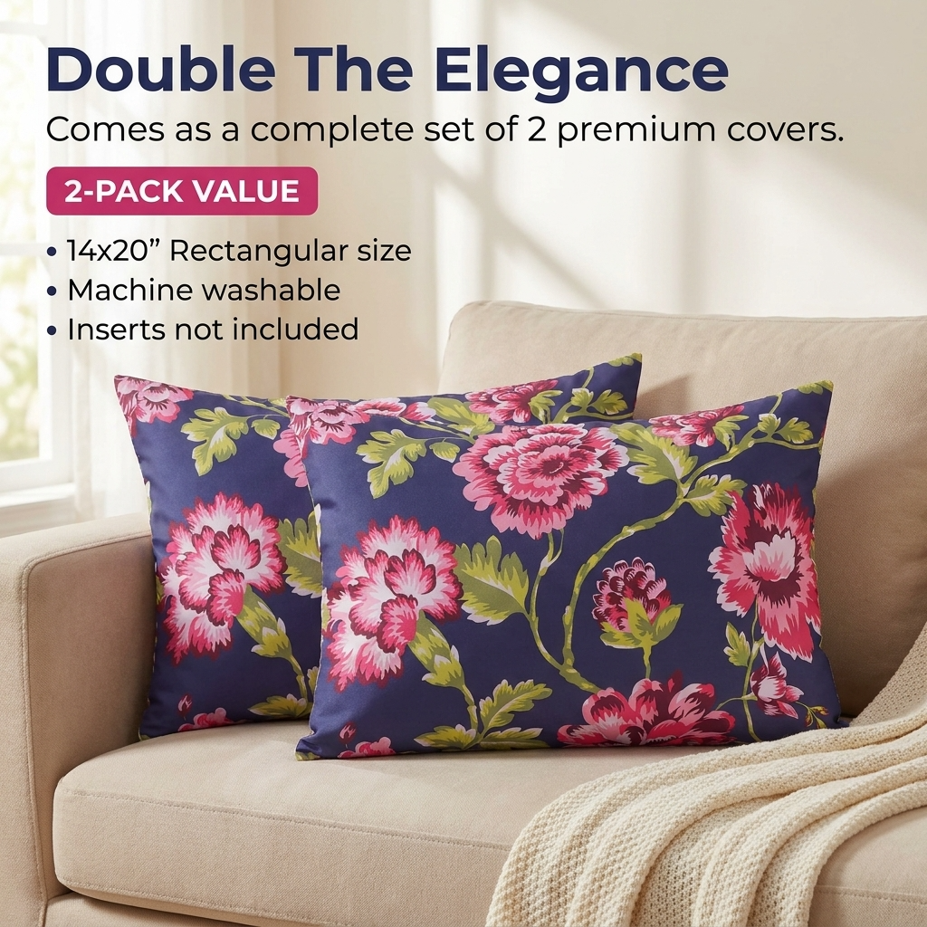 Floral Throw Pillow Covers - 14 x 20 Inch Decorative Cushion Cases | Dark Blue