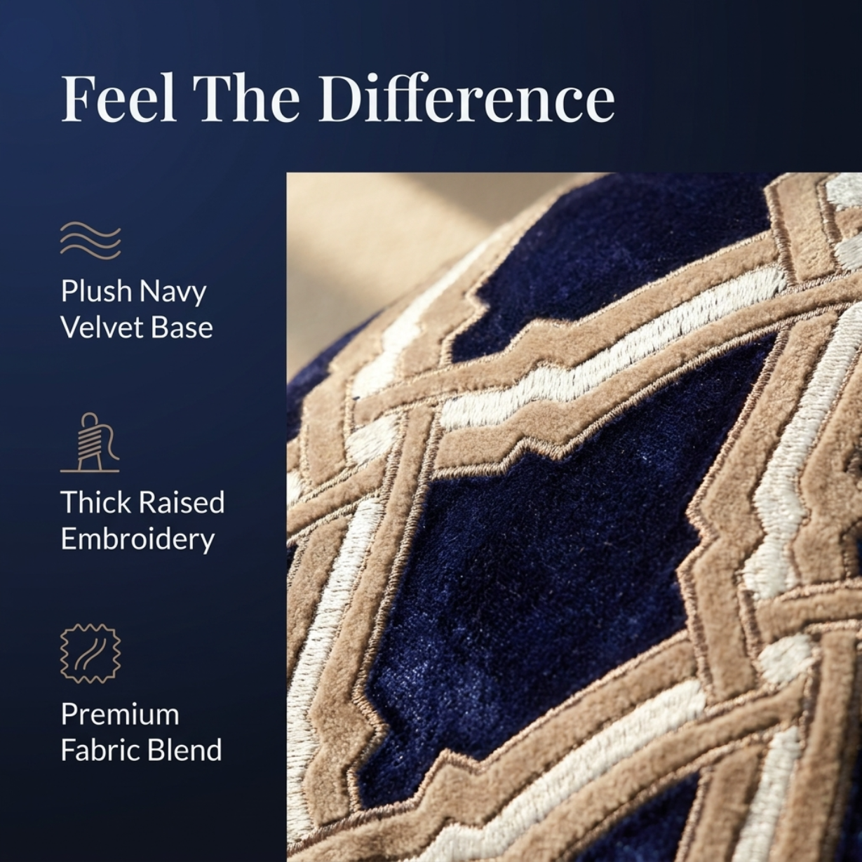 Navy Blue Throw Pillow - Embroidered Linen Cushion Covers Set 18 x 18 Inches